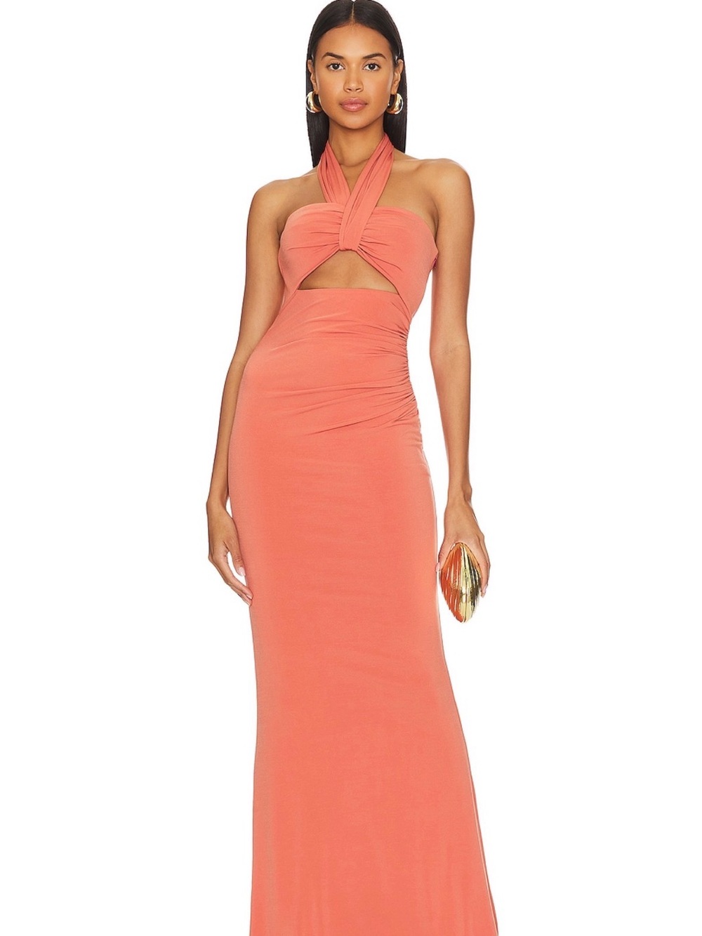 Katie May Coral One-Shoulder Twist Cutout Maxi Dress